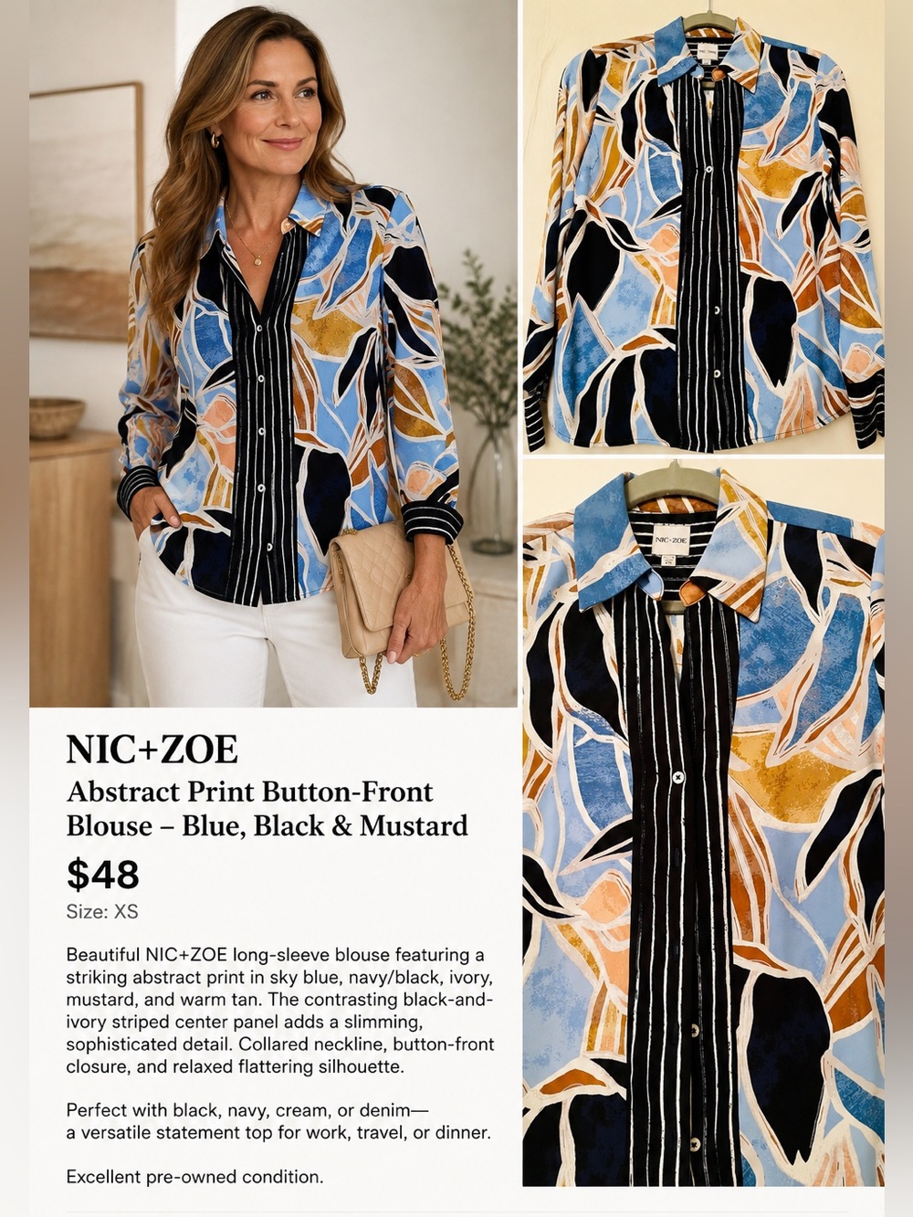NIC+ZOE Abstract Print Button-Front Blouse – Blue, Black & Mustard